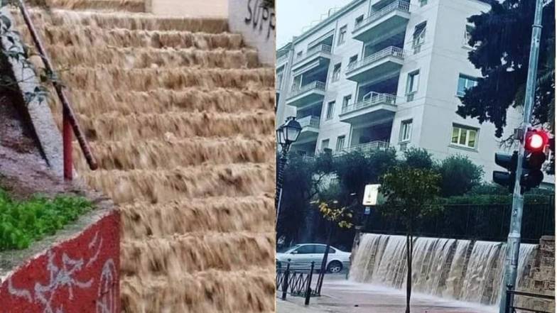 В Афінах після проливного дощу утворилися невеликі водоспади В Афінах після проливного дощу утворилися невеликі водоспади